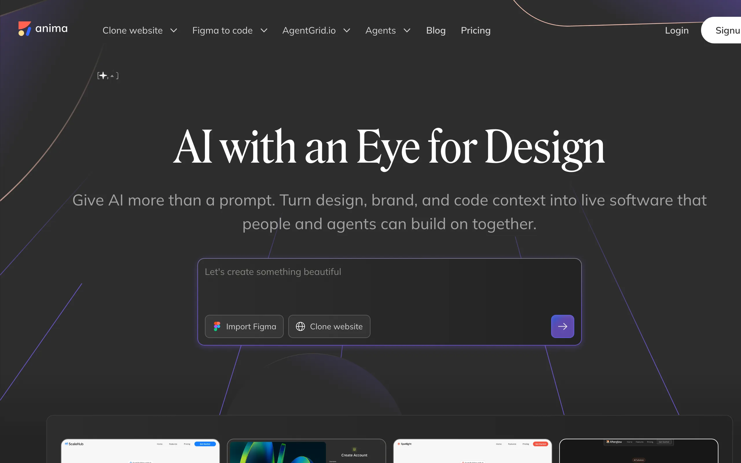 Screenshot of the Anima homepage