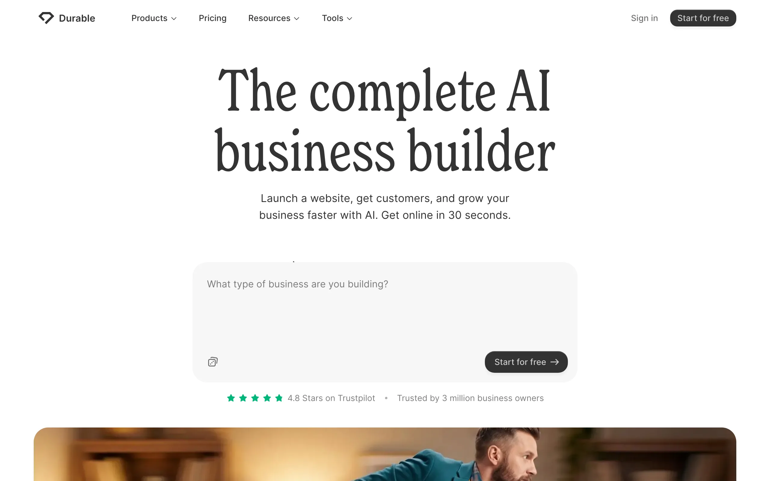 Screenshot of the Durable homepage