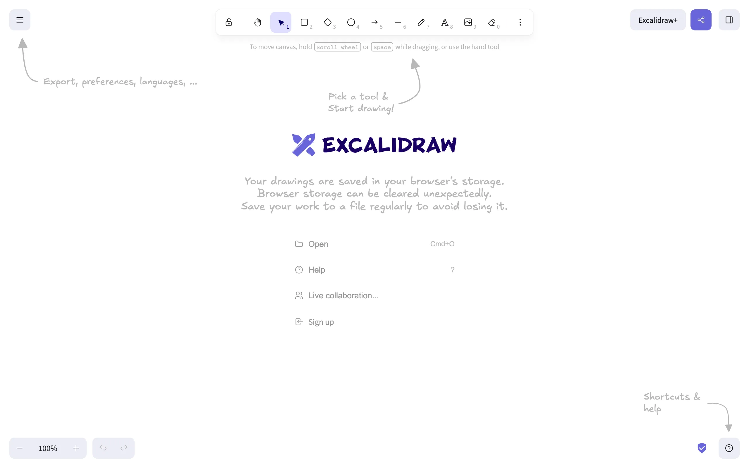 Screenshot of the Excalidraw homepage