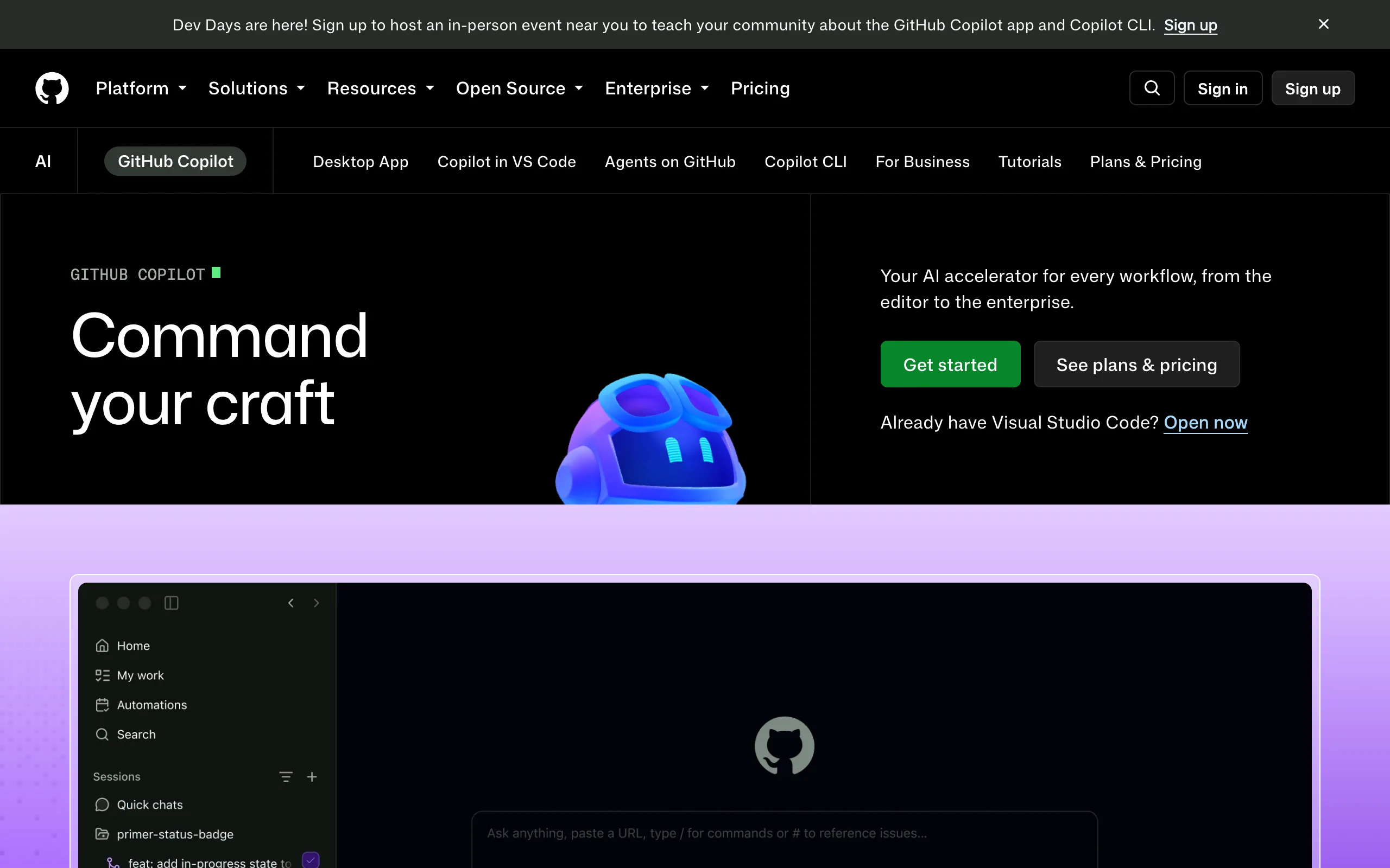 Screenshot of the GitHub Copilot homepage