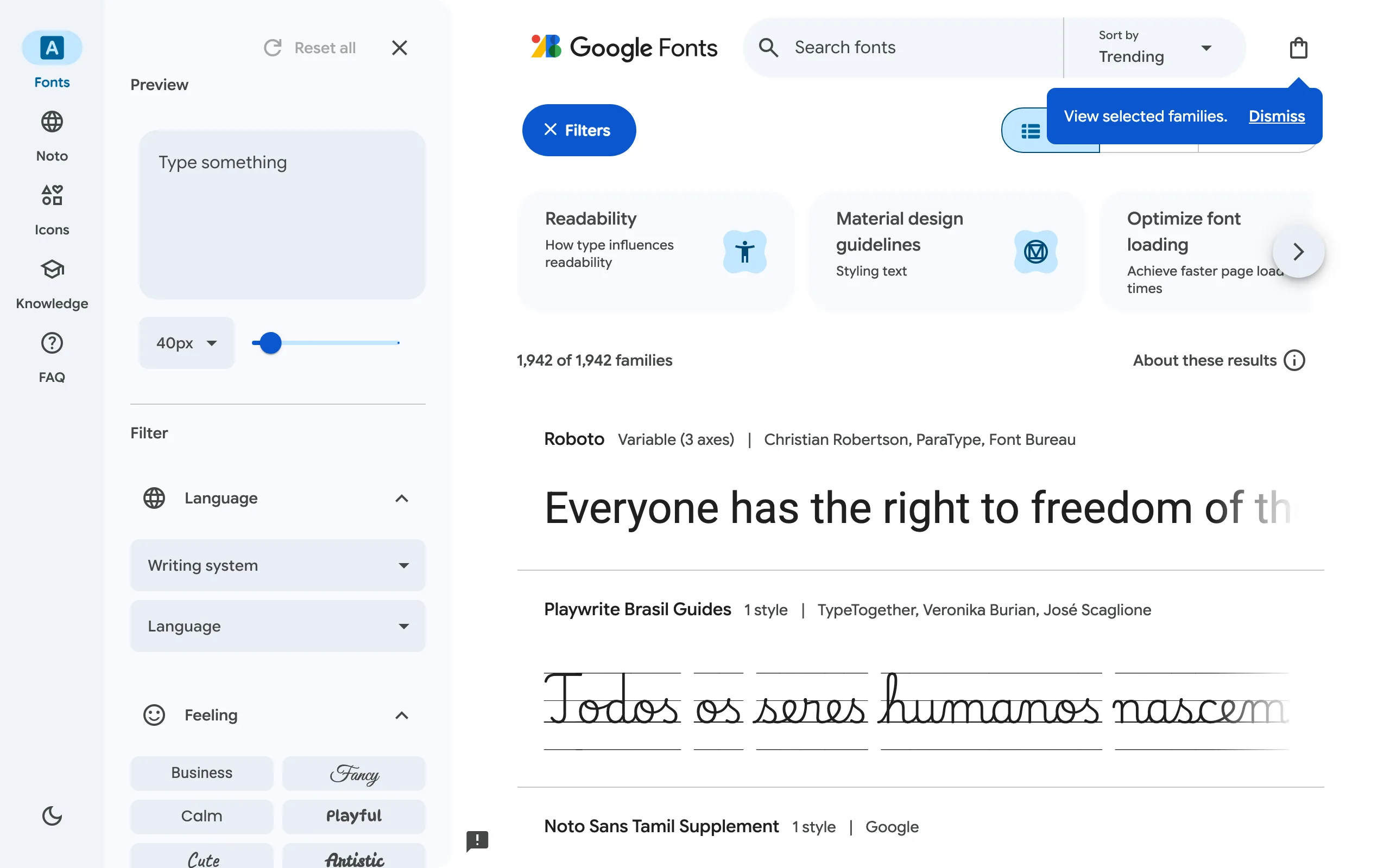 Screenshot of the Google Fonts homepage