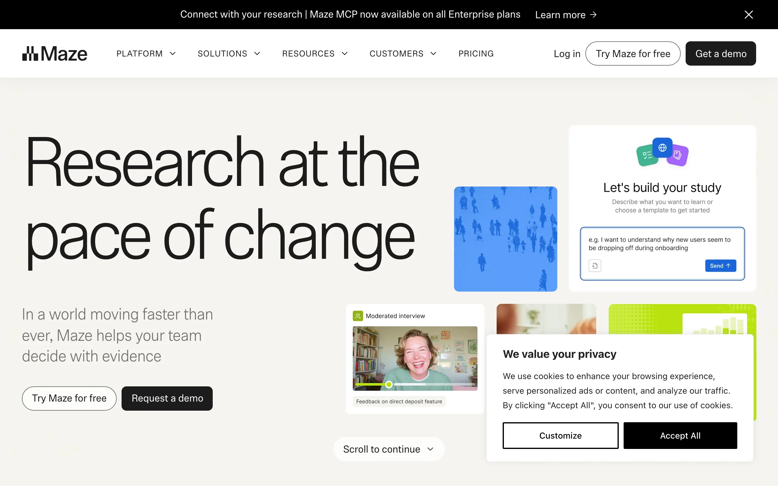 Screenshot of the Maze homepage