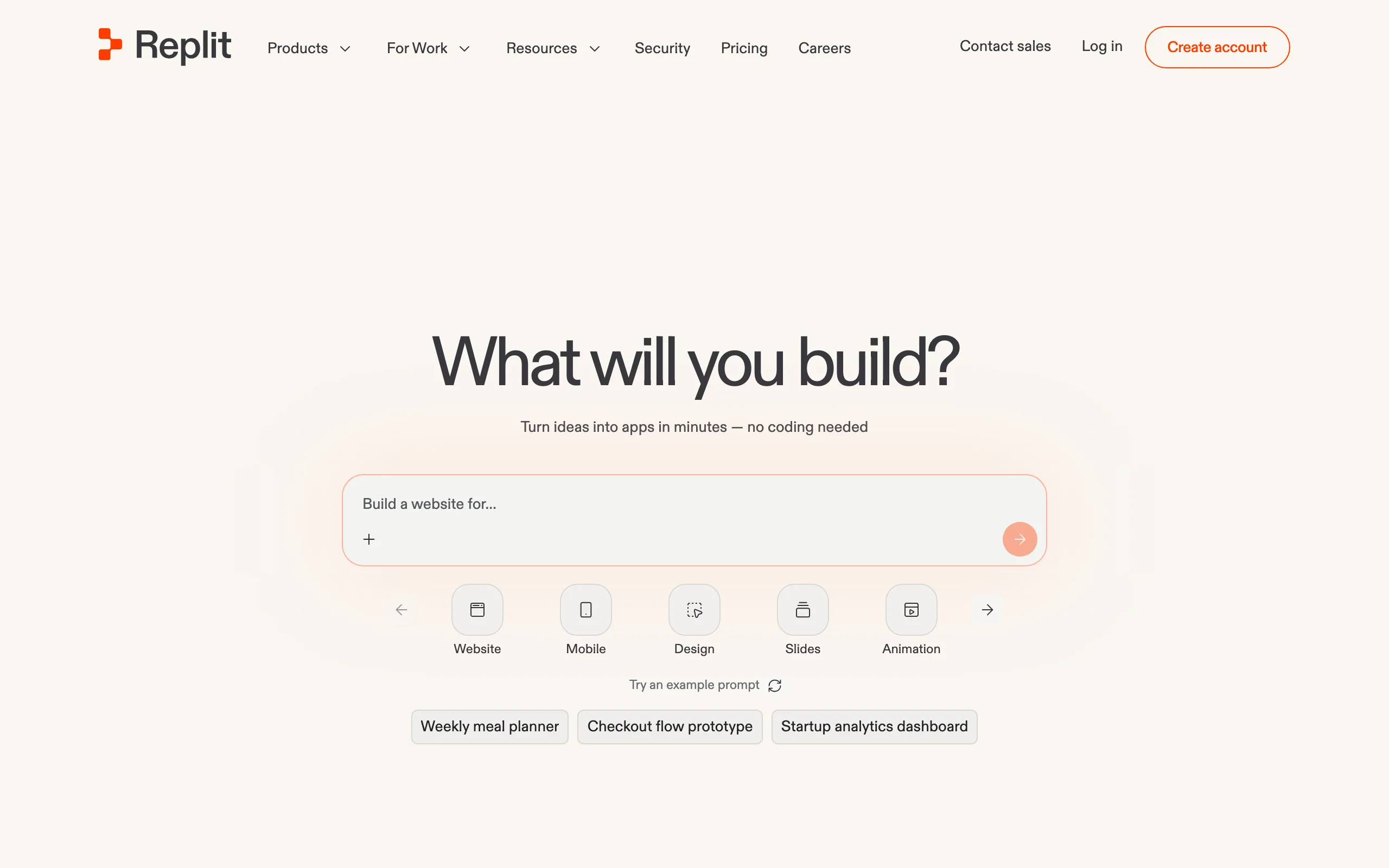 Screenshot of the Replit Agent homepage