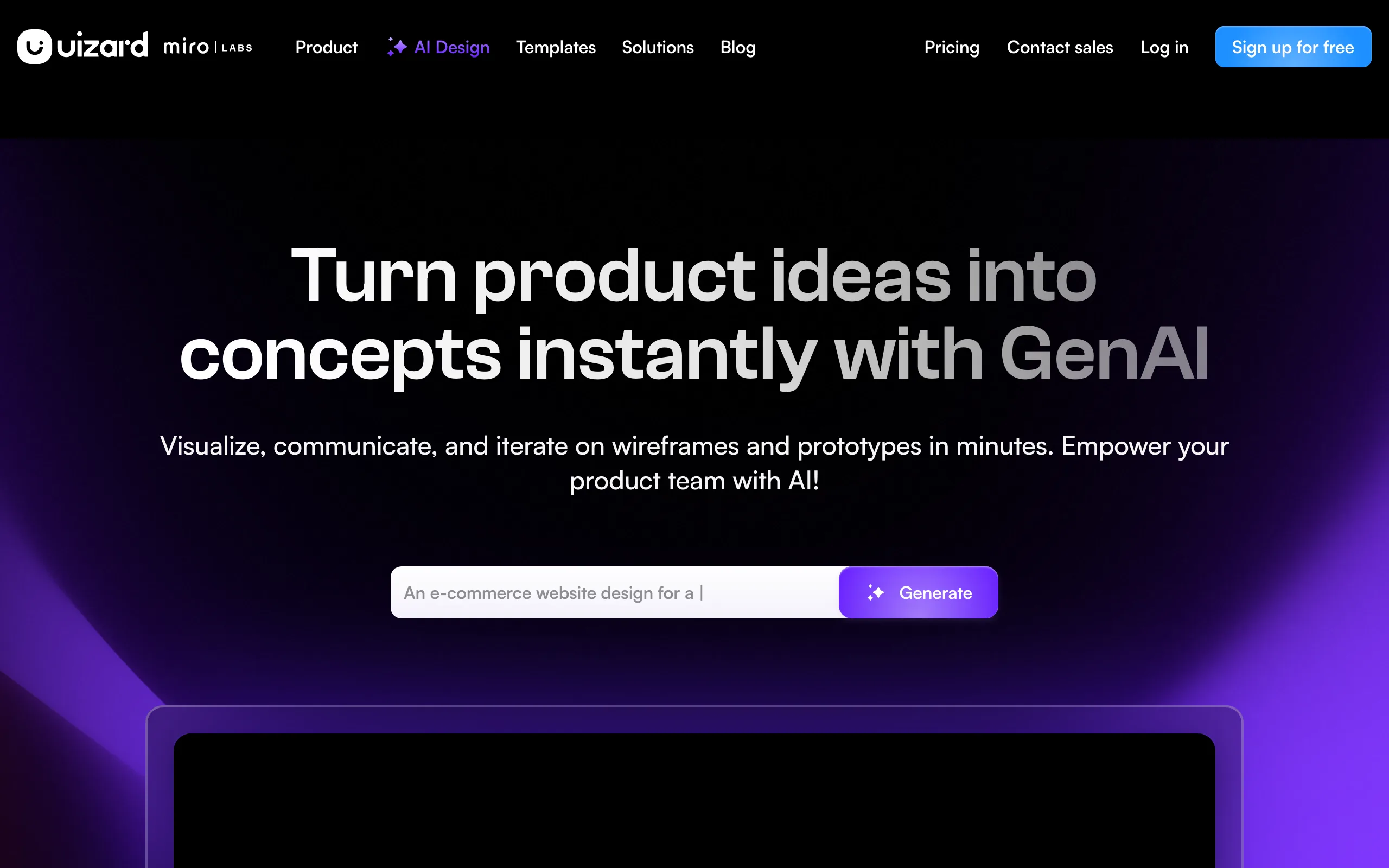 Screenshot of the UIzard homepage