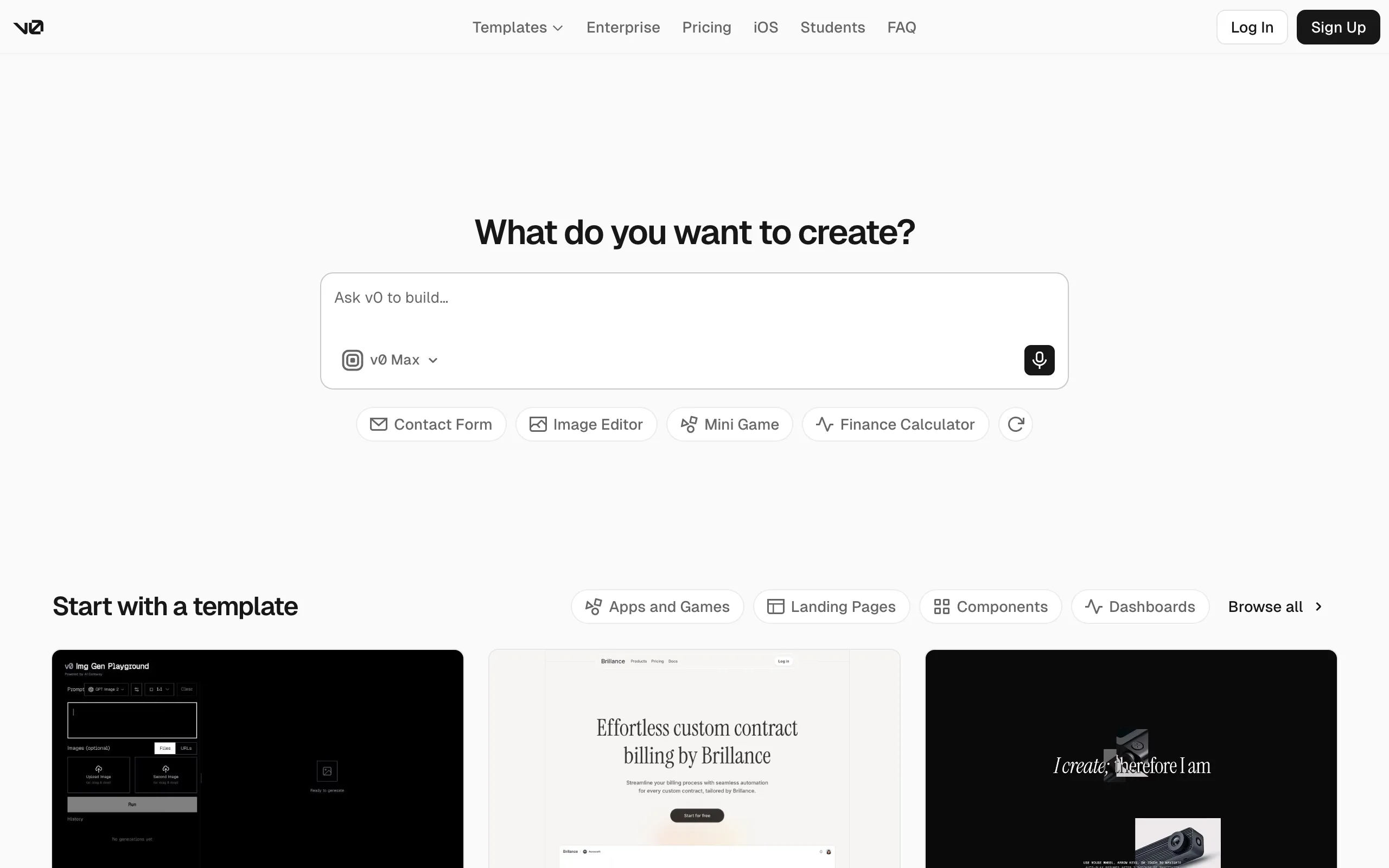 Screenshot of the v0 homepage